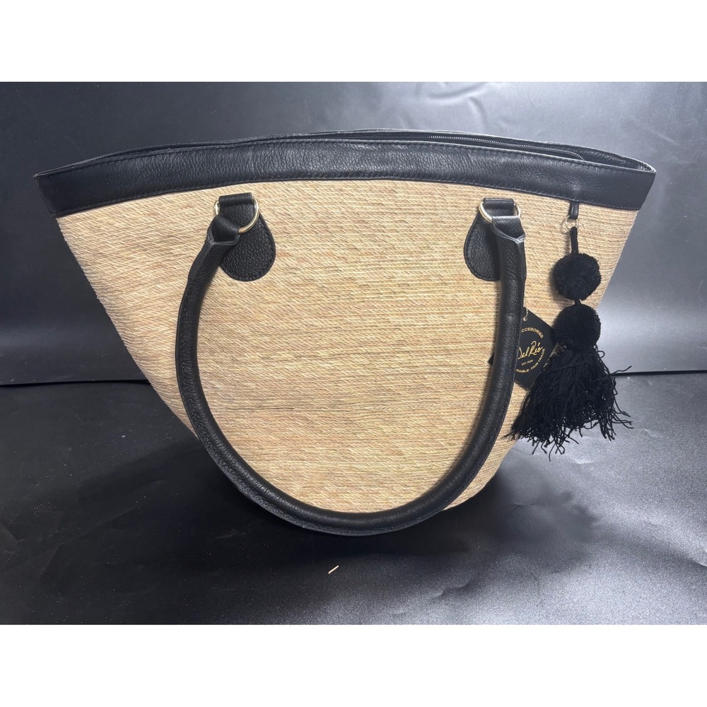 By‎ Del Rio Woven Straw Leather Tote Bag Black Tan Pom Pom Tassel SKU 00-121 NEW